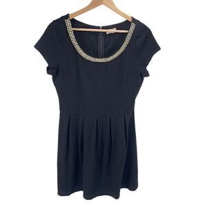 Maison Jules Womens Jeweled Beaded Dress Pleated Fit Flare Textured Black Medium